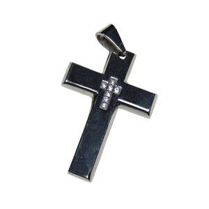 Inox Stainless Steel Polished Silver Cross Pendant with Cross-Shaped CZ Accents